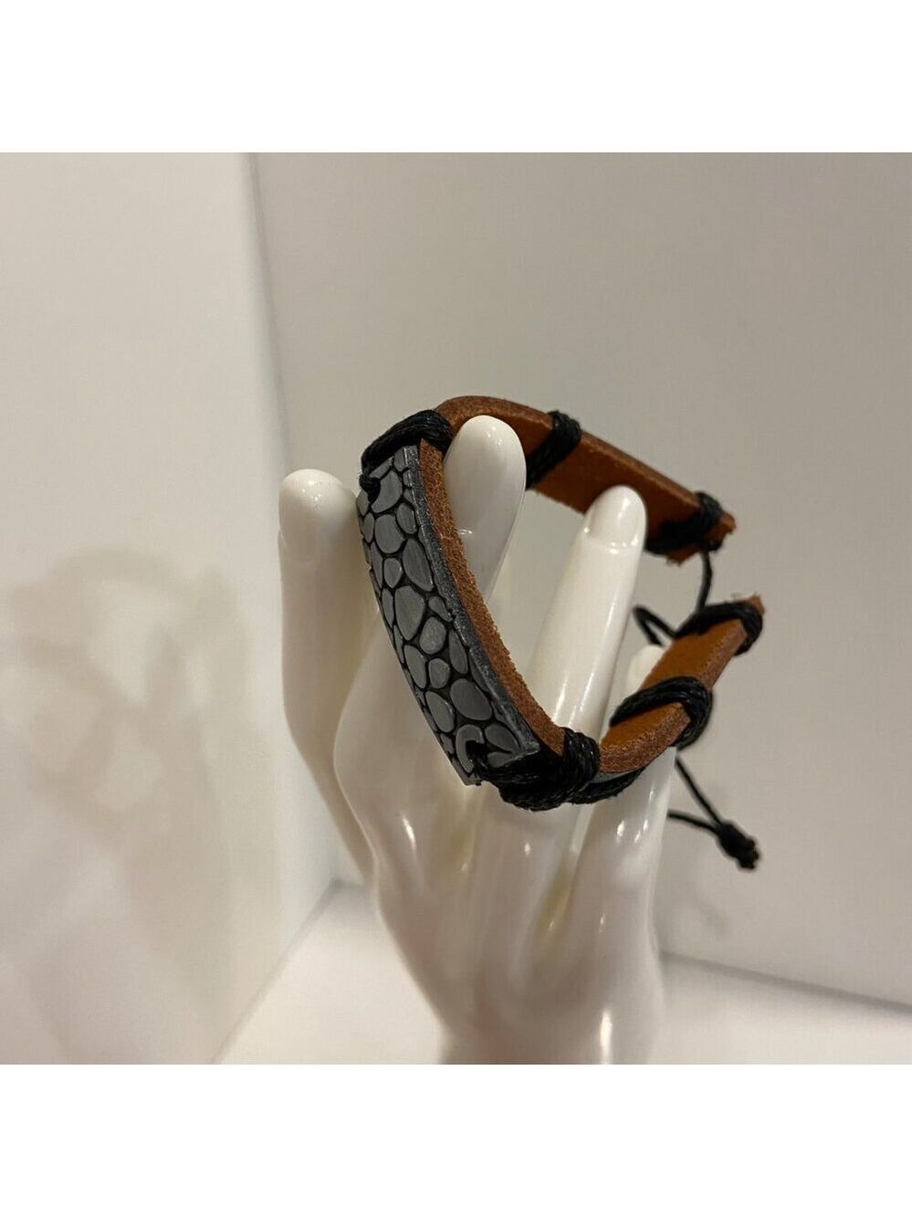 Genuine Leather & Rope Adjustable Bracelet With Textured Metal Accent anima